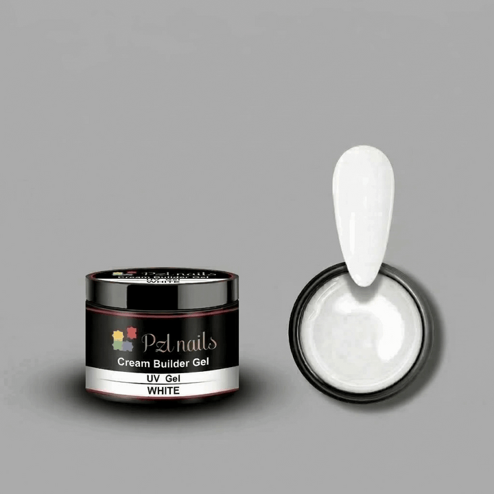 PZL Nails cream builder gel with a spoonful of white gel on a gray background