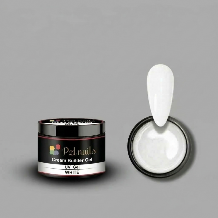 PZL Nails cream builder gel with a spoonful of white gel on a gray background