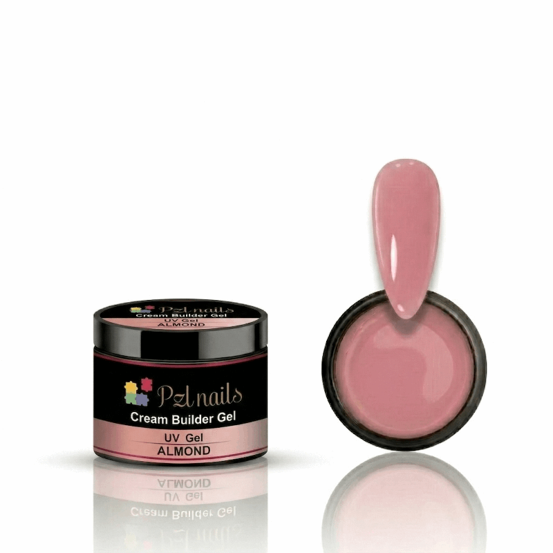 Pzl Nails cream builder gel with a pink nail tip on a white background