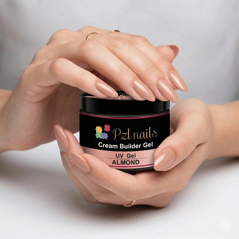 Hands holding a jar of Pzl Nails cream builder gel on a neutral background