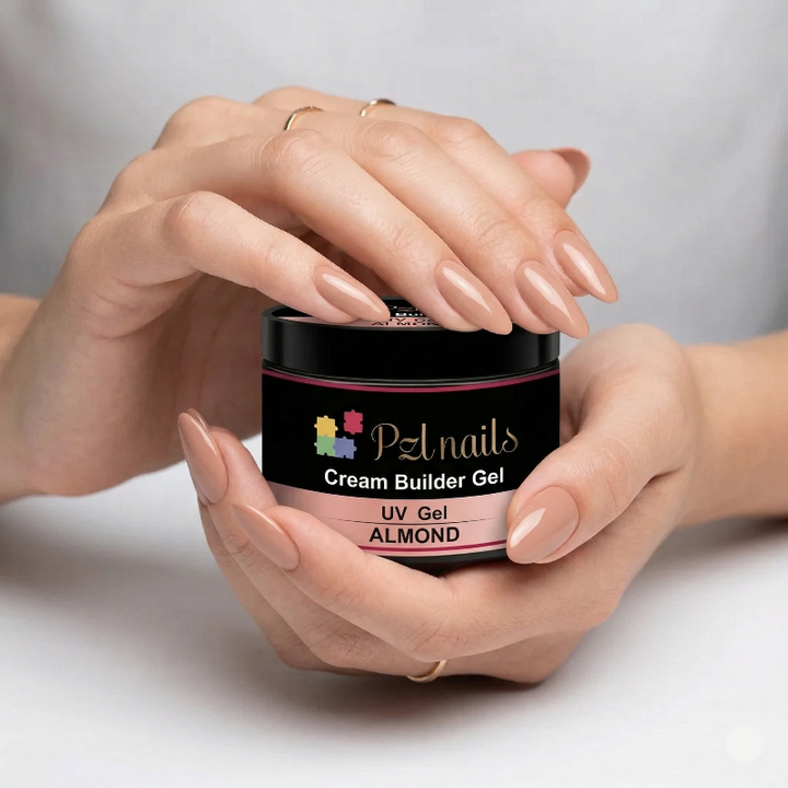 Hands holding a jar of Pzl Nails cream builder gel on a neutral background