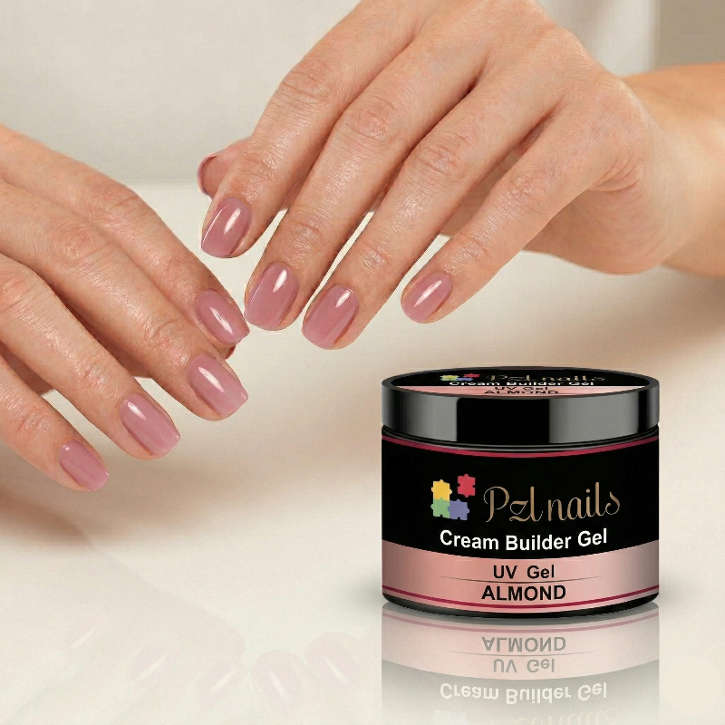 PZL Nails Cream Builder Gel with hands showing painted nails on a light background