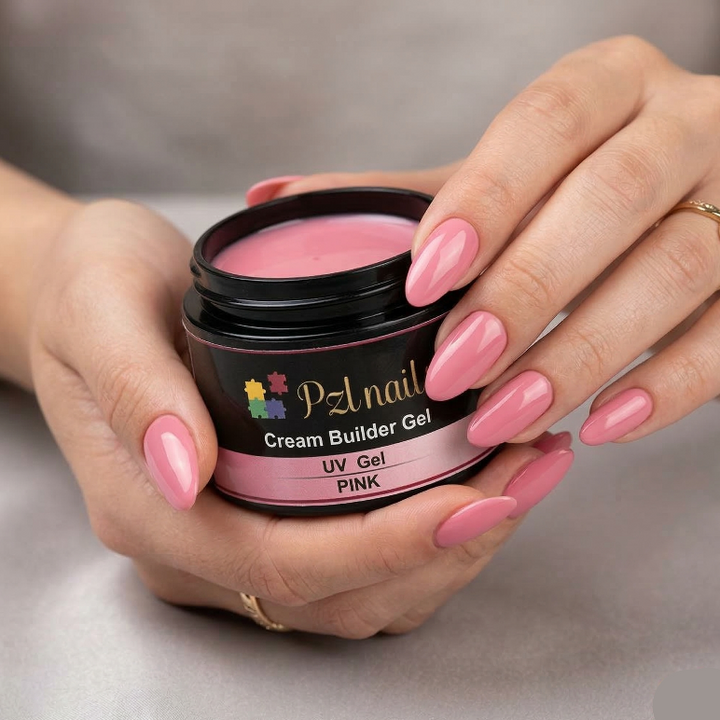 Person holding a jar of pink nail gel with matching nails