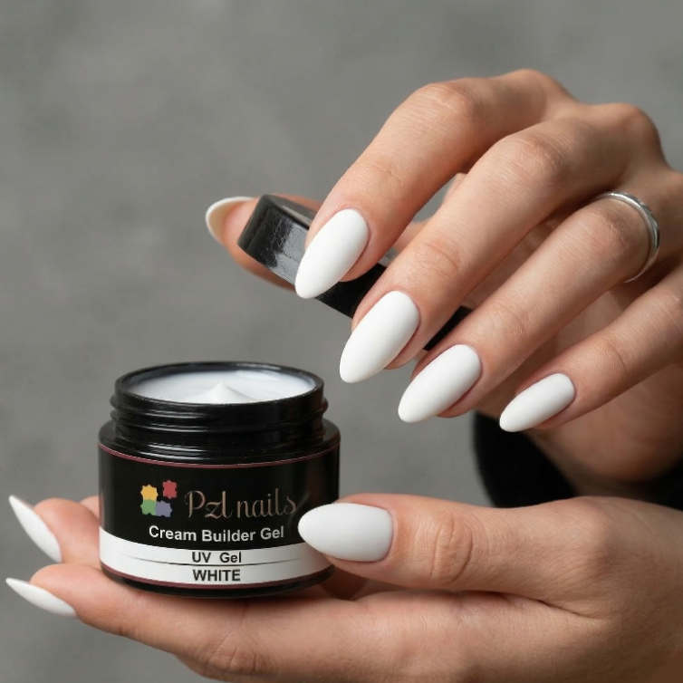 Person holding a jar of PZL Nails cream builder gel with white nails against a gray background