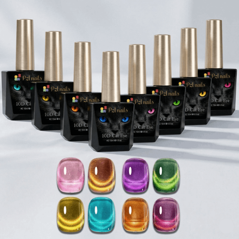 Set of nail polish bottles with colorful cat-eye effects on a white background