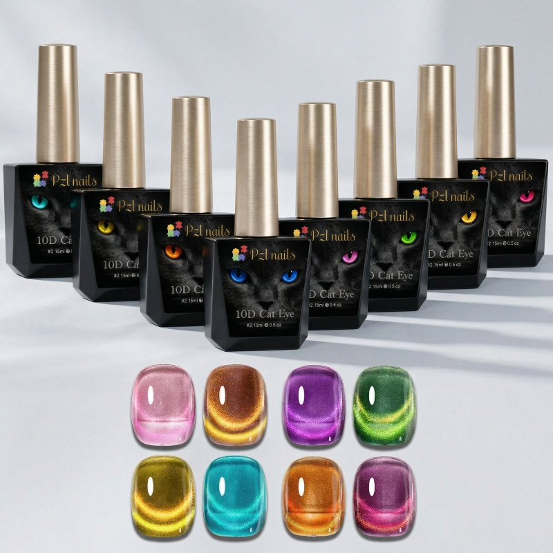 Set of nail polish bottles with colorful cat-eye effects on a white background
