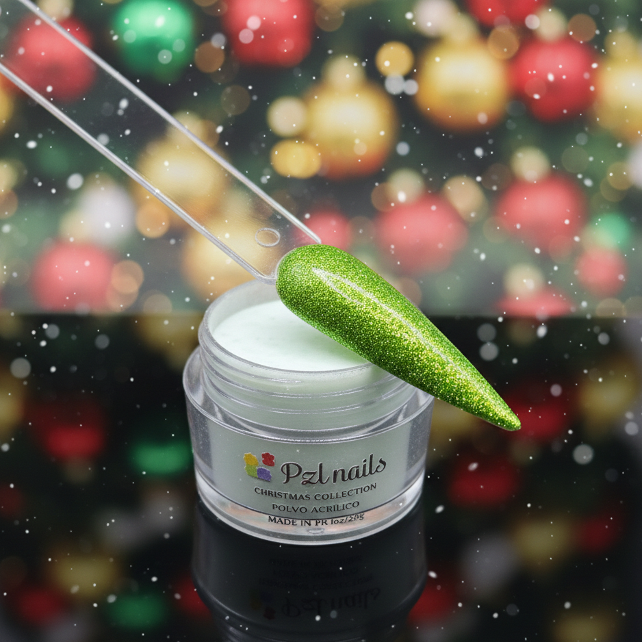 PZL Nails Christmas Collection nail polish with a green glittery nail tip against a festive blurred background.