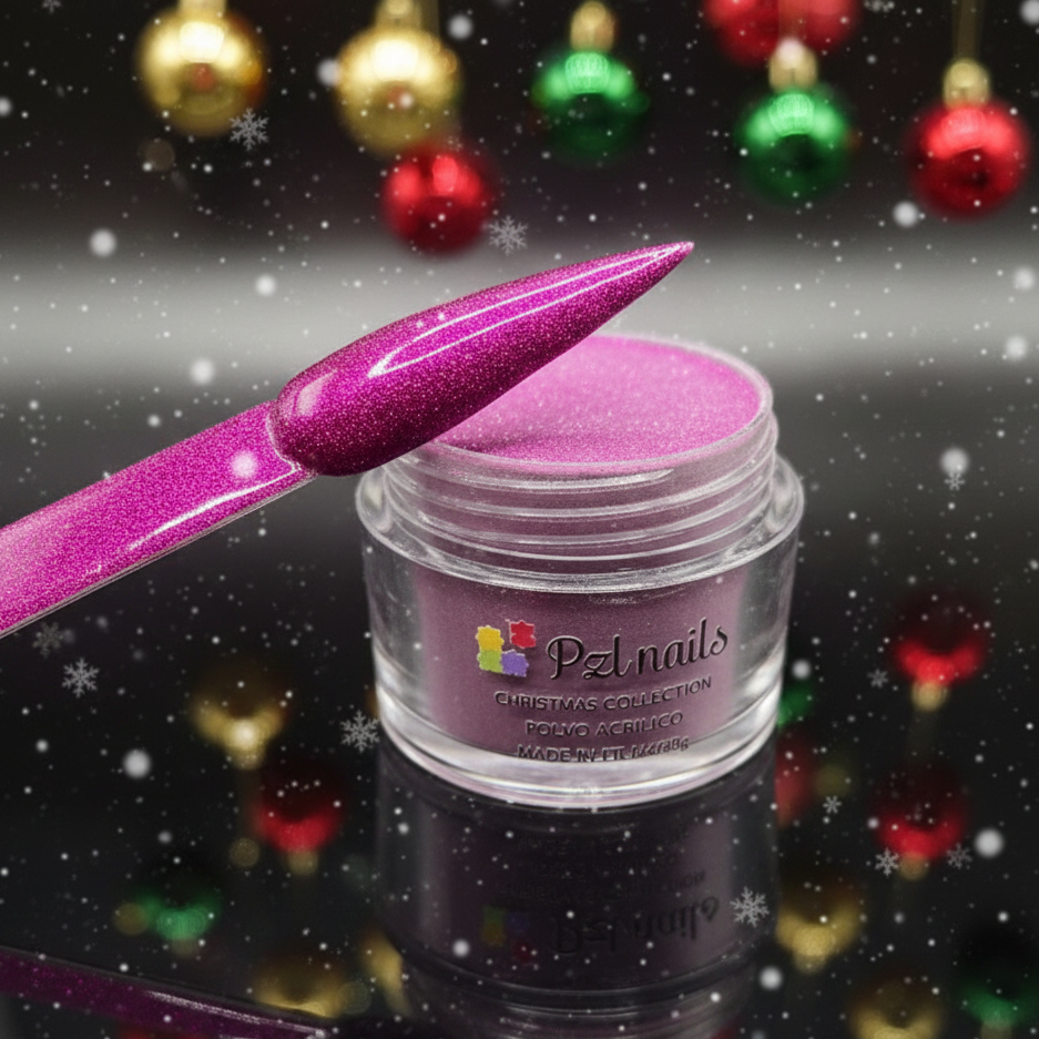 Pink glittery nail polish jar with a brush on a festive background with Christmas ornaments.