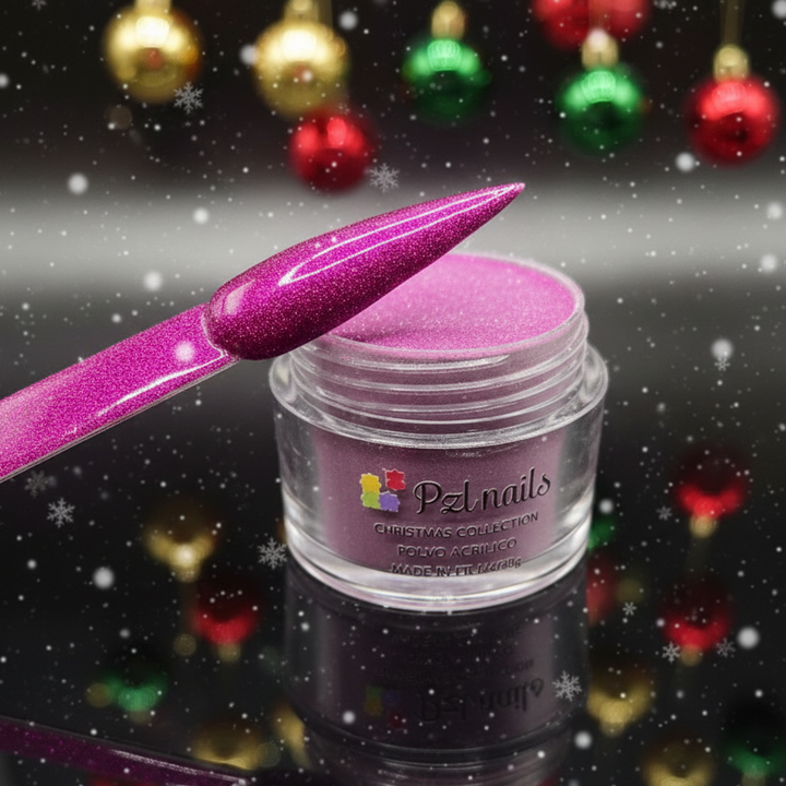 Pink glittery nail polish jar with a brush on a festive background with Christmas ornaments.
