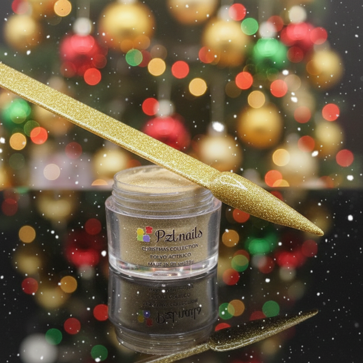 Pzl nails glitter jar with gold glitter on a festive background with Christmas tree lights.