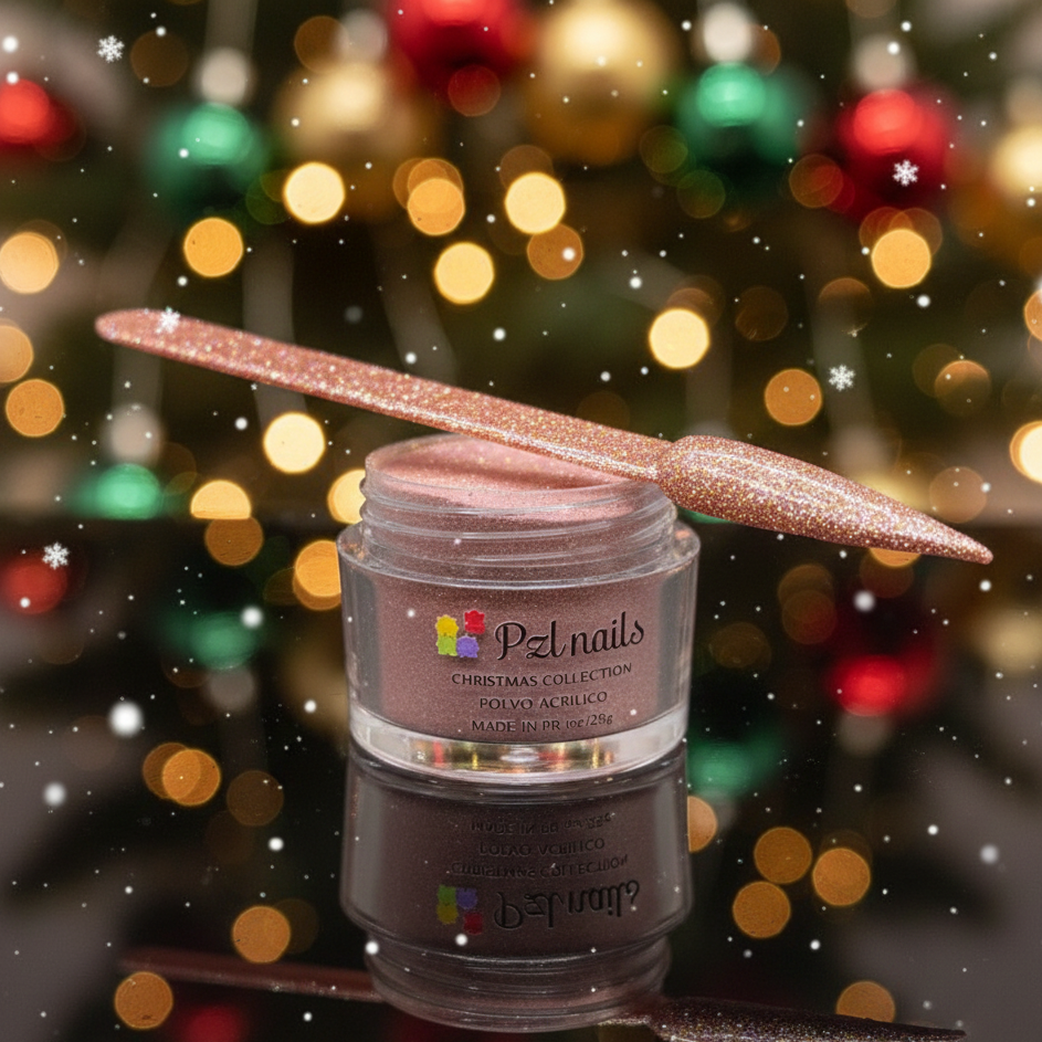 PZL Nails acrylic powder jar with a brush against a festive Christmas tree background