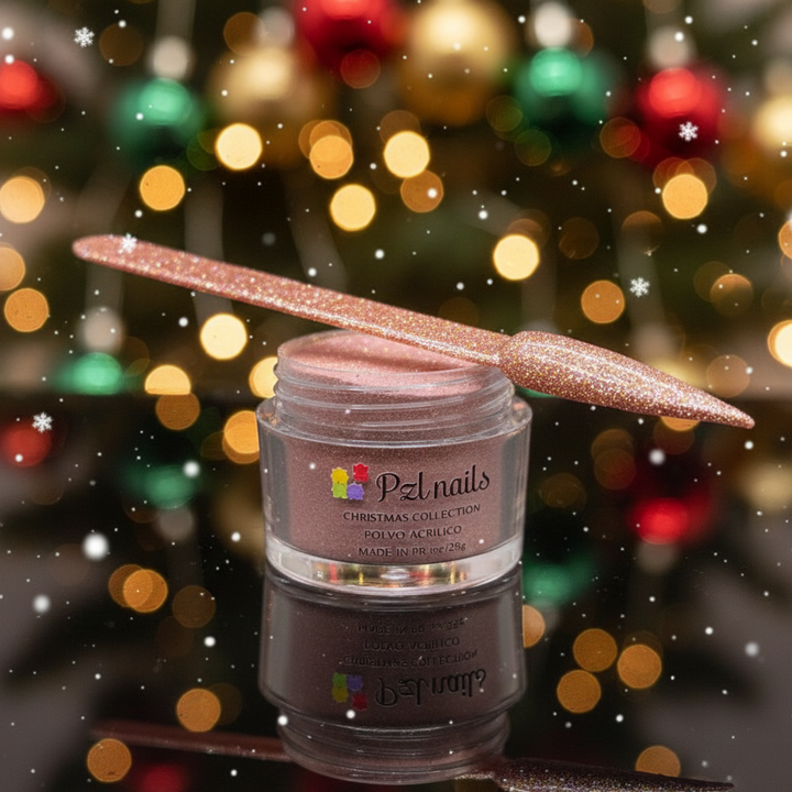 PZL Nails acrylic powder jar with a brush against a festive Christmas tree background