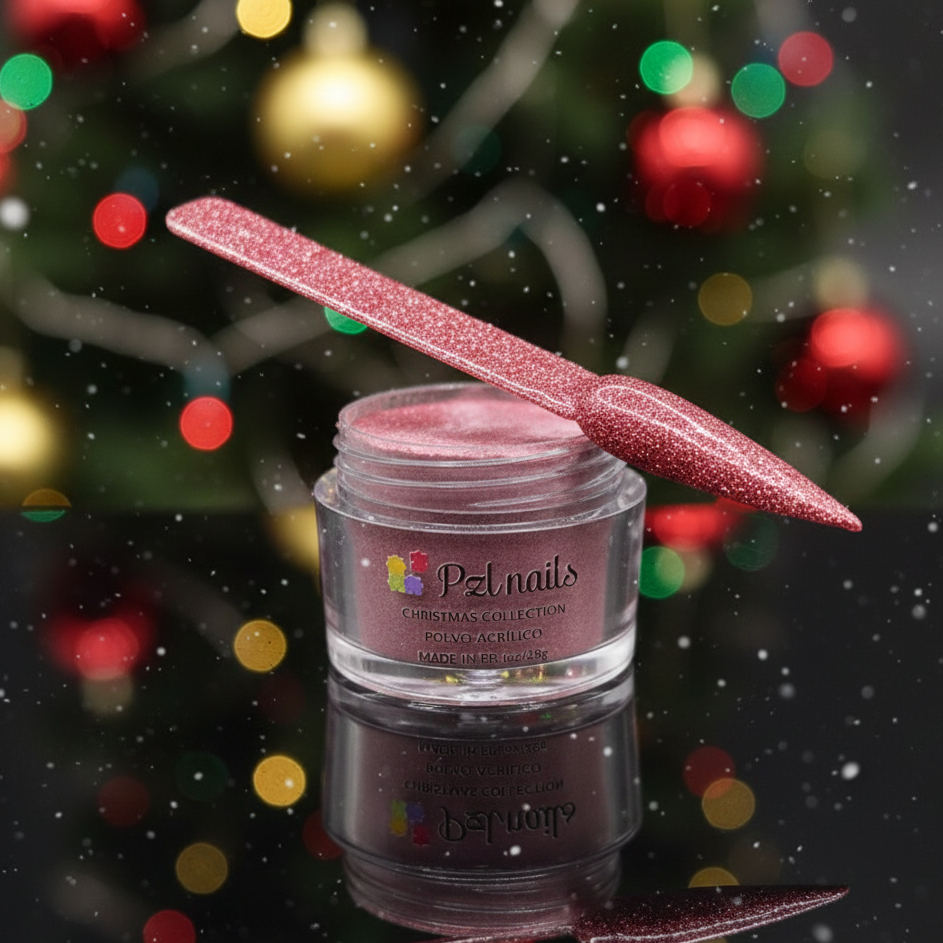 Pink glitter nail polish jar with a brush against a festive Christmas tree background
