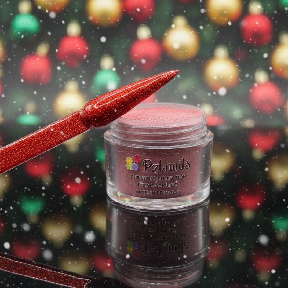 PZL Nails nail polish jar with red glittery applicator against a festive background