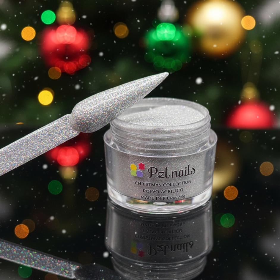 PZL Nails nail polish jar with a glittery applicator against a festive background with colorful lights.