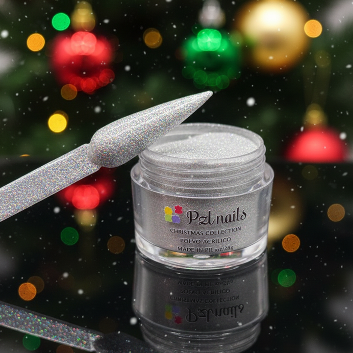 PZL Nails nail polish jar with a glittery applicator against a festive background with colorful lights.