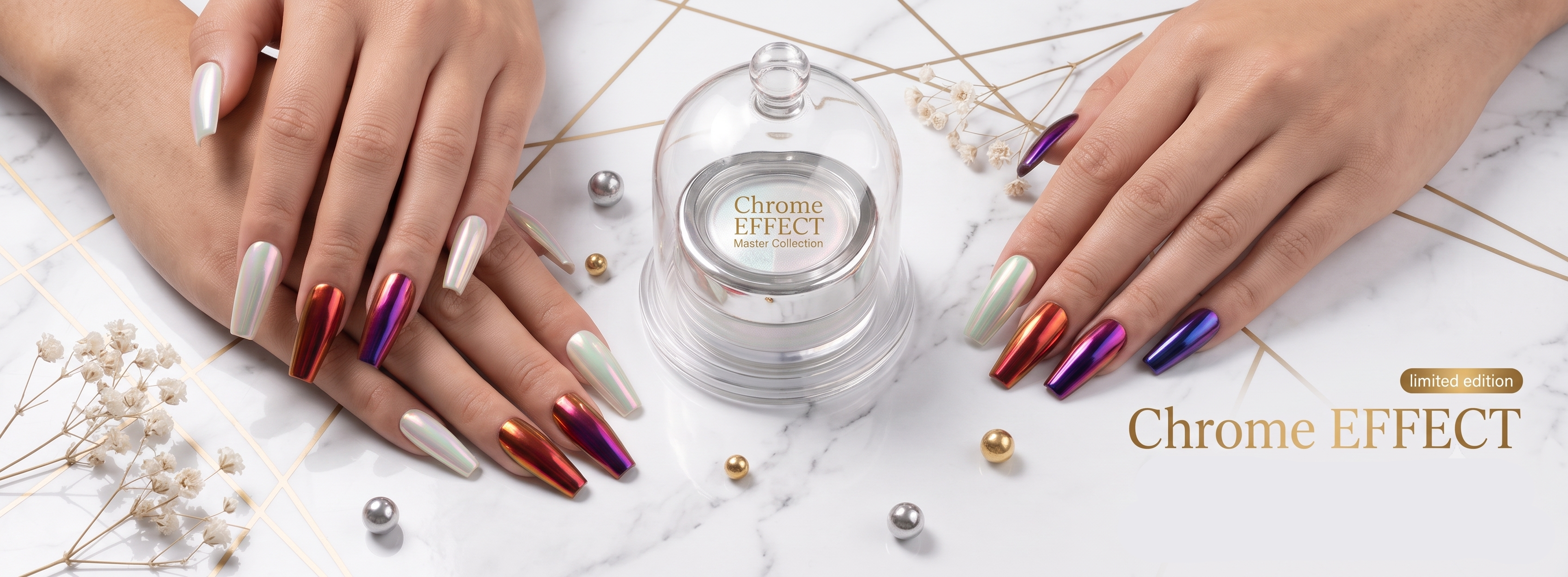 Two hands displaying long almond-shaped nails with a metallic chrome gradient effect, arranged around a clear glass dome labeled 'Chrome EFFECT' on a white marble surface with decorative gold beads and dried flowers.