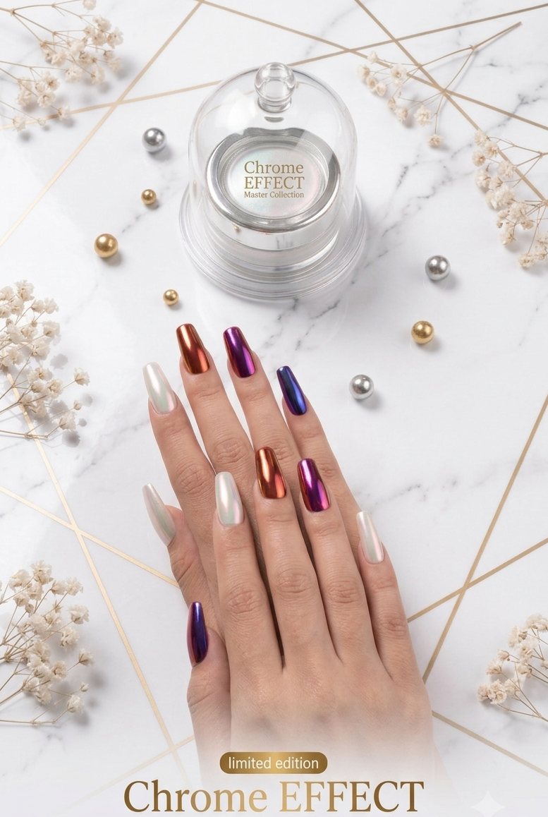 A hand with long, glossy chrome-effect nails in metallic copper, purple, and white, displayed below a clear glass jar labeled 'Chrome EFFECT' on a white marble background with gold geometric lines and dried flowers.
