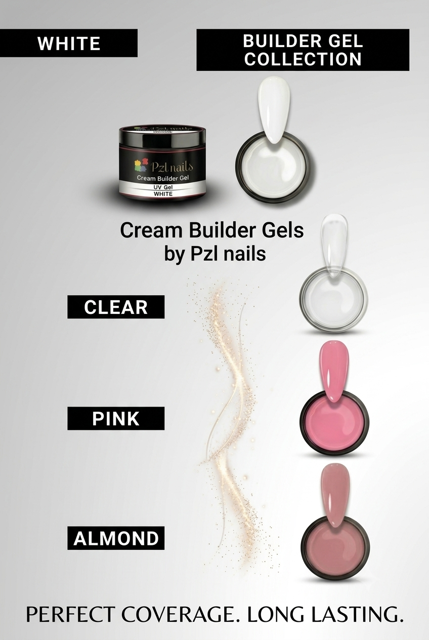 Promotional graphic for Pzi nails Cream Builder Gels, showing four color options: White, Clear, Pink, and Almond. Each option displays the gel color name, a small jar of the gel, a swatch of the gel, and a nail tip coated in the gel.