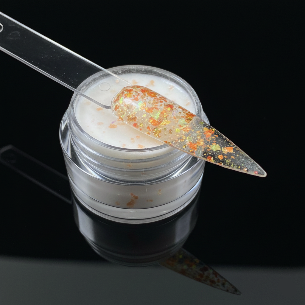Jar of glitter with a spoonful of glitter on a black background
