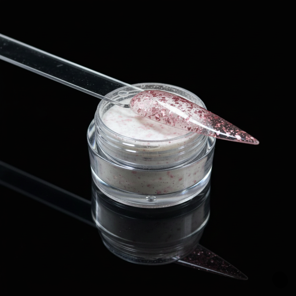 Clear container with pink glittery substance and a spoon on a black background