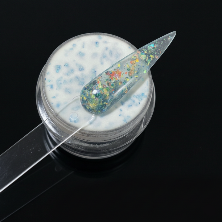 Clear container with glittery nail art powder and a brush on a black background