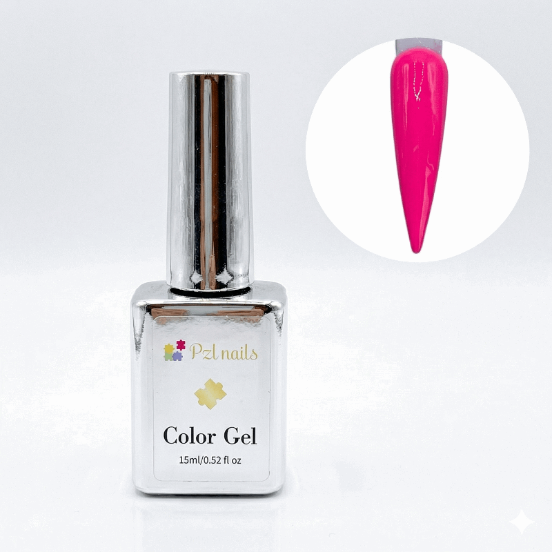 Nail gel polish bottle with a close-up of pink gel on a white background