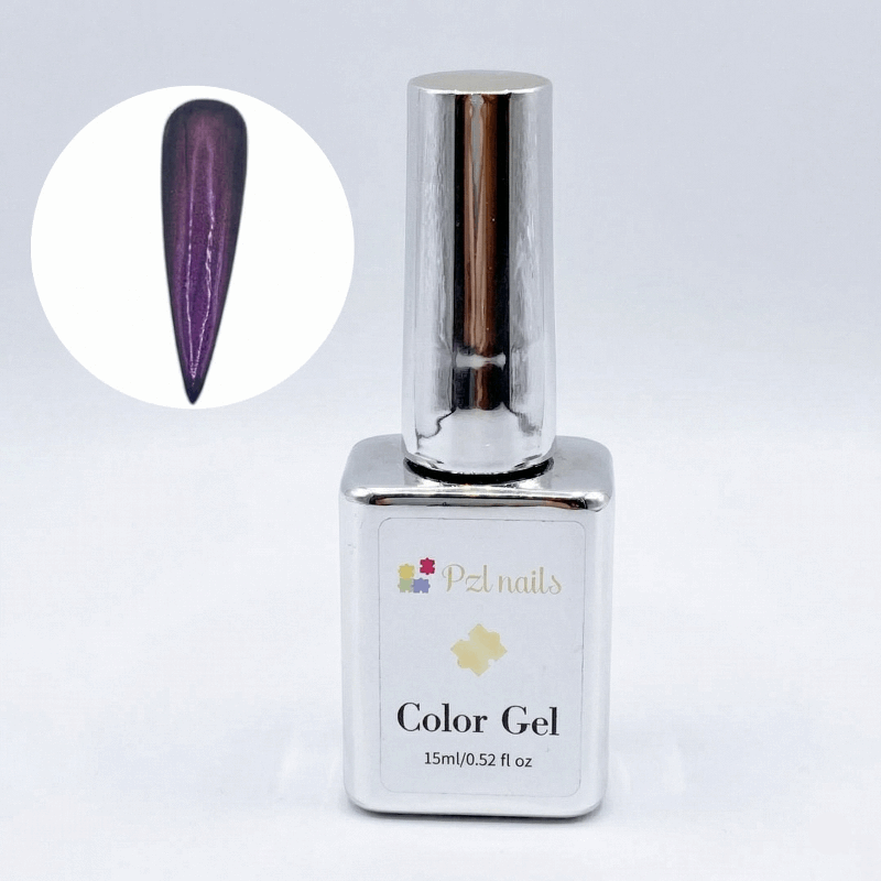 PZL Nails color gel bottle with a close-up of a purple nail tip on a light gray background