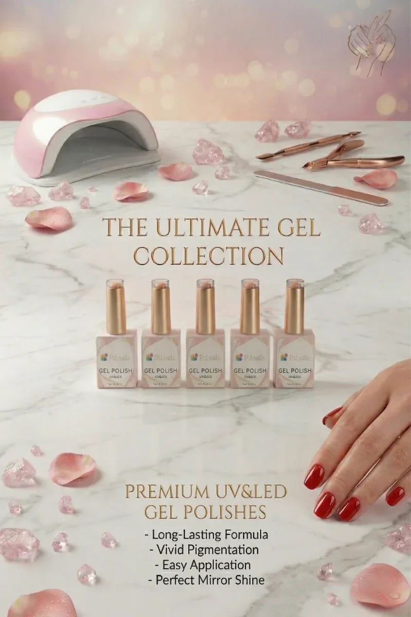 Nail polish set with a lamp and rose petals on a marble surface, featuring text about the 'Ultimate Gel Collection'.