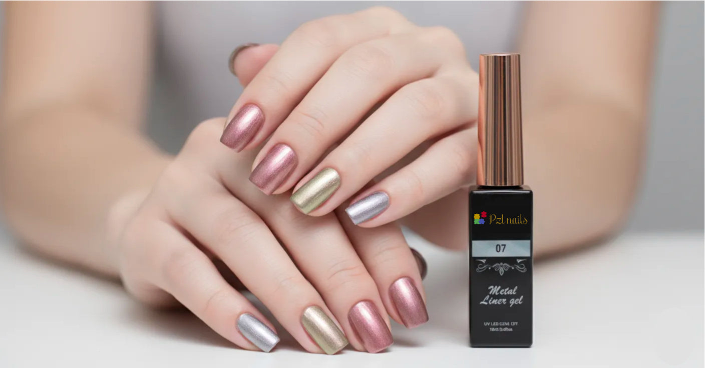 Nail polish with a hand displaying multicolored nails and a bottle of nail polish.