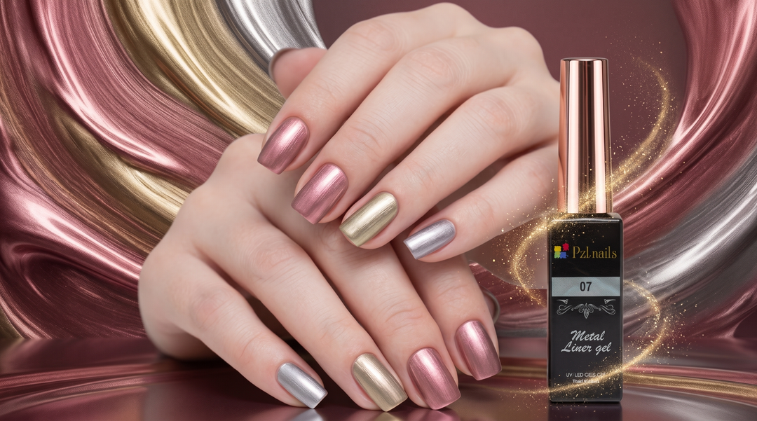 Hand with metallic nail polish holding a bottle of nail polish against a swirling gold and pink background