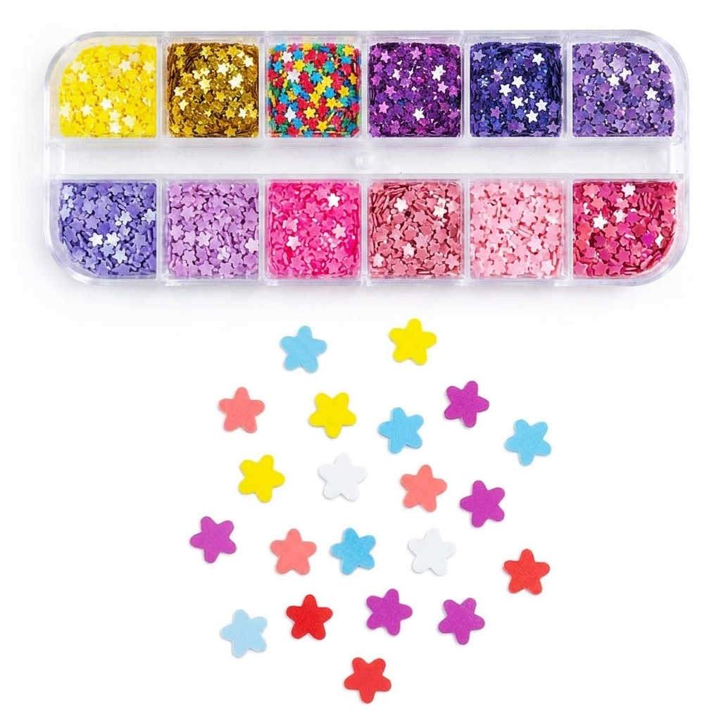 A set of colorful star-shaped craft embellishments shown scattered below a clear plastic organizer filled with matching glitter in yellow, gold, multicolor, purple, lavender, hot pink, dusty pink, and light pink.