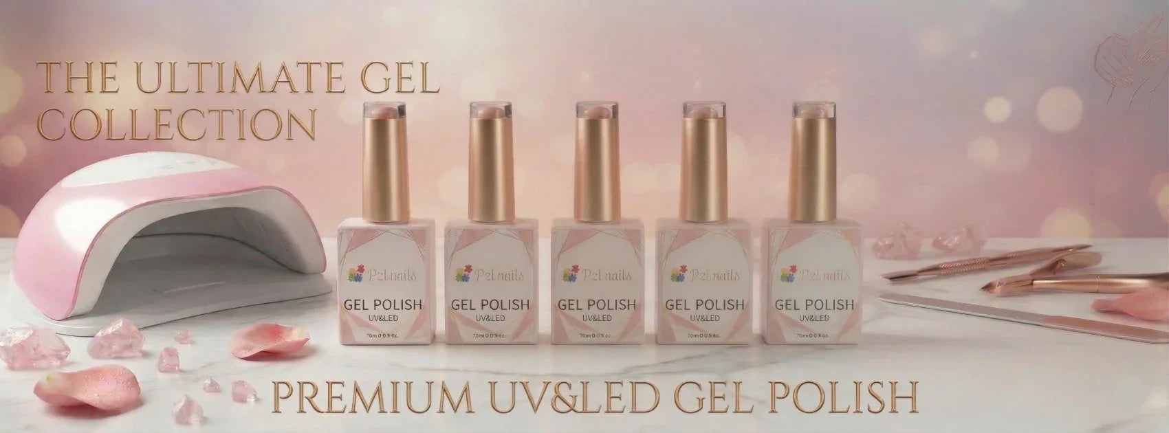 Promotional banner for a gel polish collection with nail polishes and a lamp on a soft pink background.