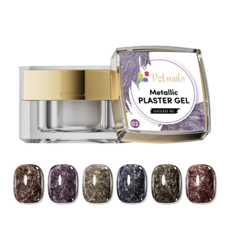 A display of Metallic Plaster Gel pots in various colors with corresponding color swatches below each pot, indicating the shade and texture of the gel.