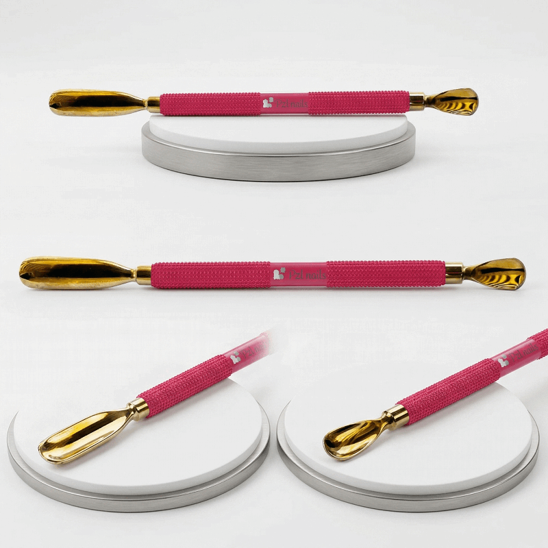 Pink and gold tools on white stands with a white background