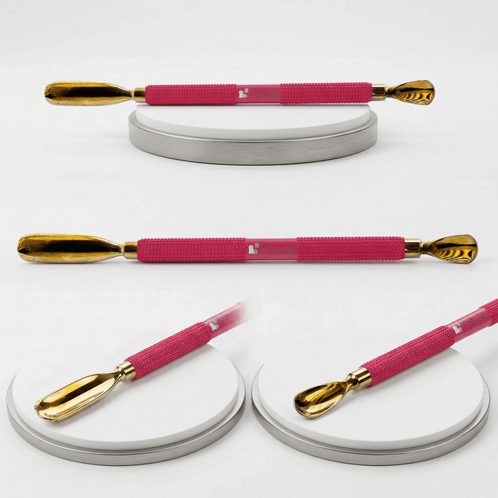 Pink and gold tools on white stands with a white background