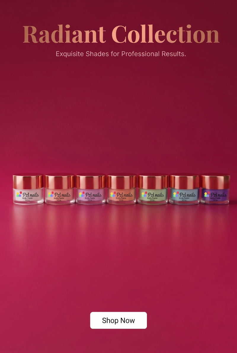 A promotional banner for the 'Radiant Collection' by Polnault, featuring eight small jars of colorful cosmetic cream arranged in a row against a deep magenta background. The jars contain various vibrant shades, including pink, orange, yellow, green, and blue, and are topped with metallic rose gold lids.