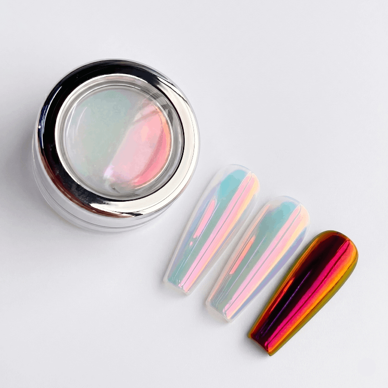 Iridescent nail polish with a mirror cap on a white background