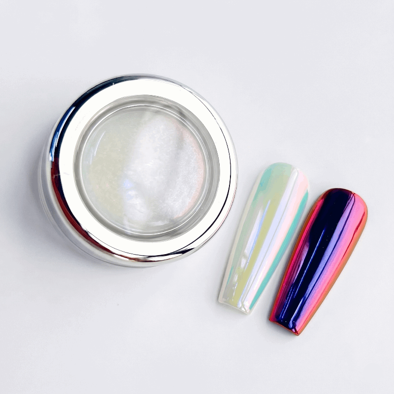 Silver container with a colorful nail art design on a white background