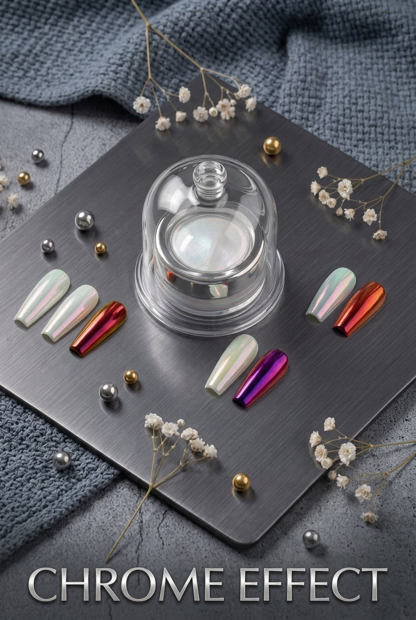 A set of artificial nail tips with a metallic chrome effect, displayed on a dark gray square tray with a glass dome lid. The nails feature iridescent, shifting colors including silver, pink, orange, purple, and green.