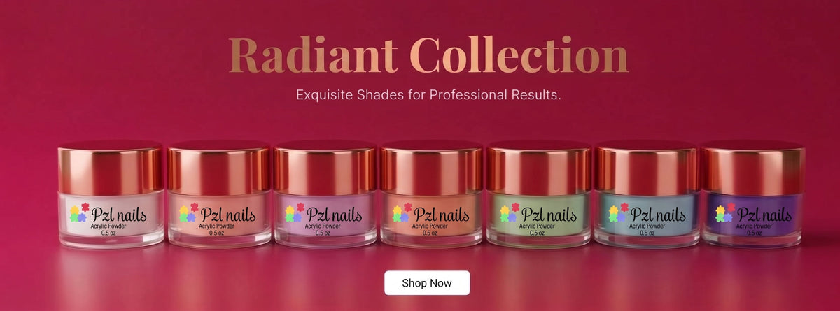 A promotional banner for the 'Radiant Collection' by 921 nails, showing eight jars of nail polish in a row against a deep red background. The jars have metallic rose gold lids and display various nail polish colors including pink, purple, green, and blue.