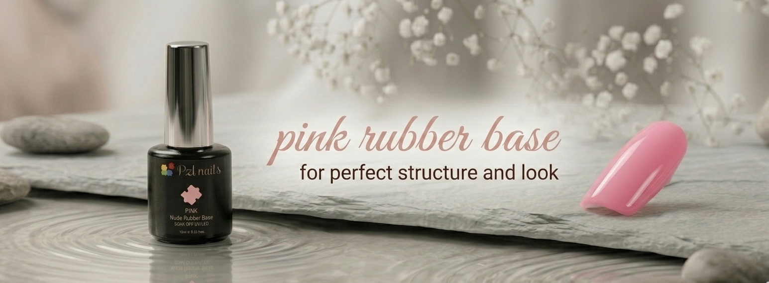 Nail polish bottle and pink rubber base on a wooden surface with text overlay.
