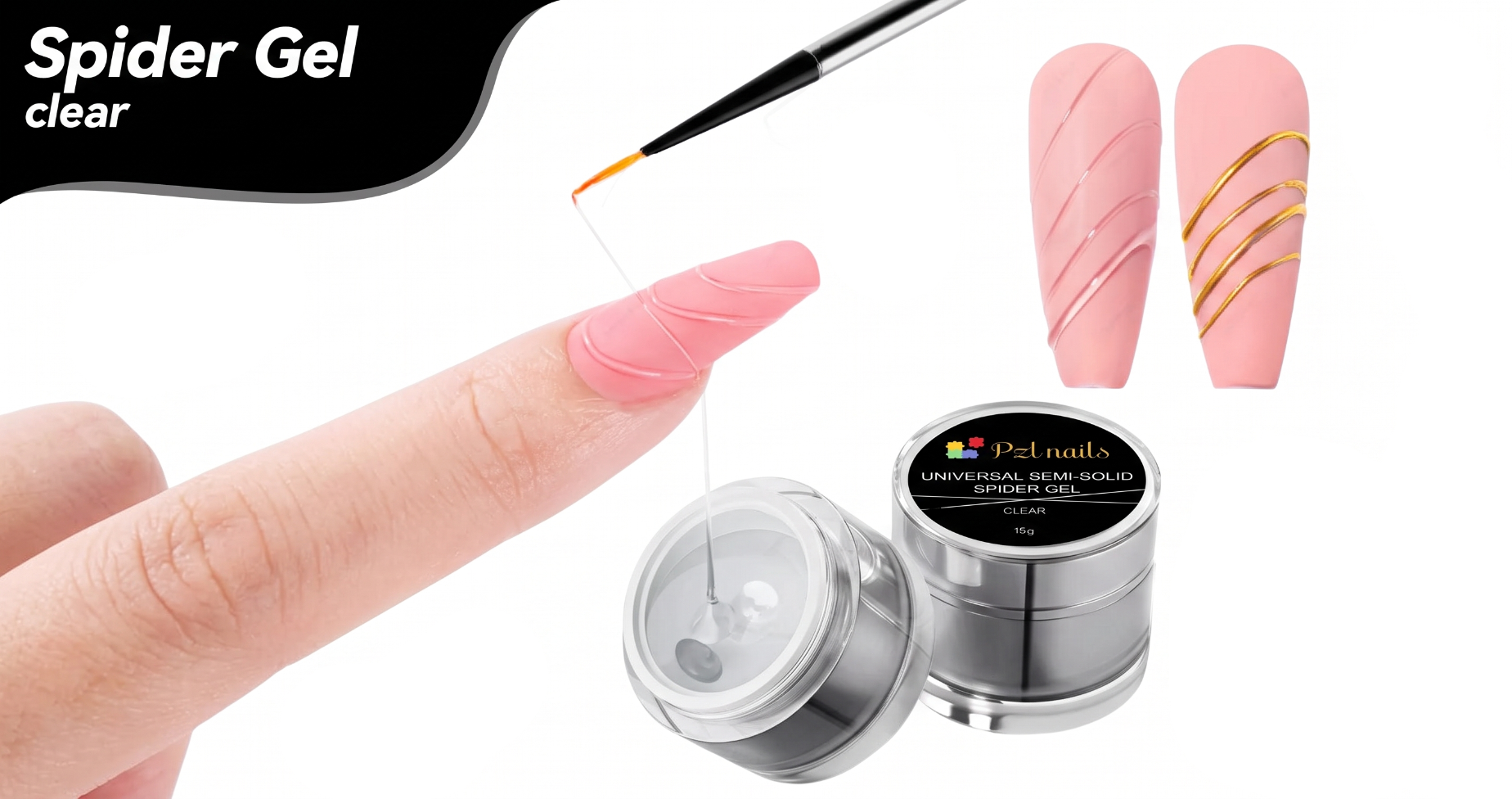 Spider Gel clear nail art product shown with a finger, a fine brush, and two pink artificial nails decorated with pink and gold curved lines. Three small jars labeled Pel nails are visible on a white background with a black label area at top left reading 'Spider Gel clear'.