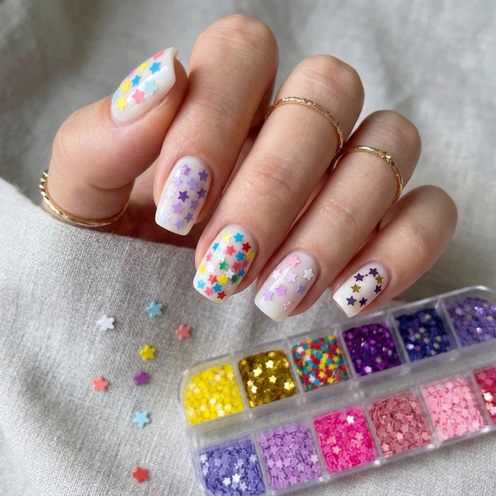 A close-up of a hand with manicured nails decorated in white and pastel star patterns, shown with a small clear plastic tray of colorful star-shaped glitter and loose star embellishments on a soft gray fabric background.