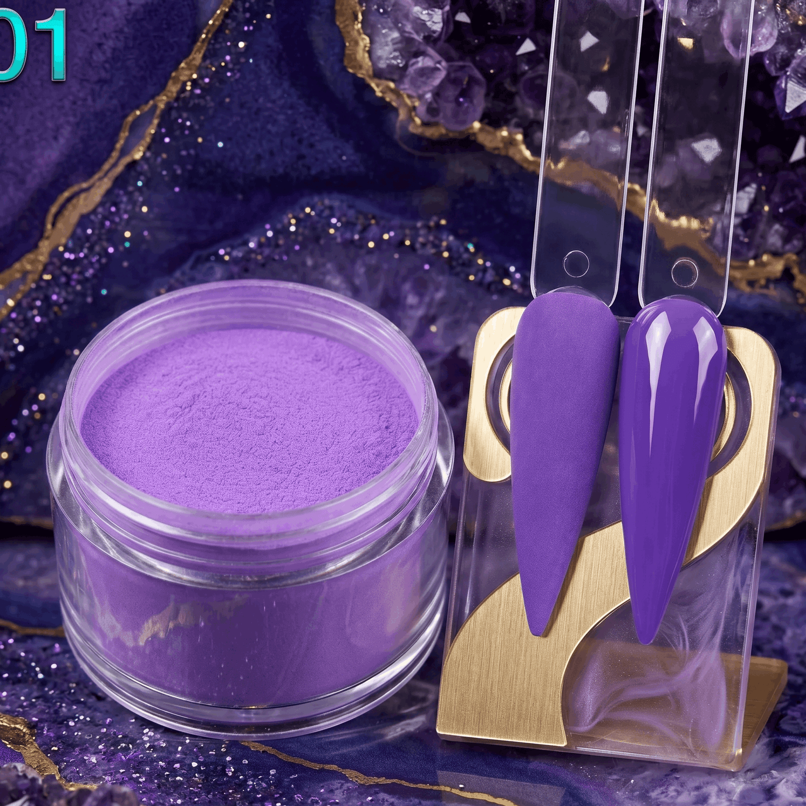 Purple powder in a jar with gold tools on a purple and gold textured background
