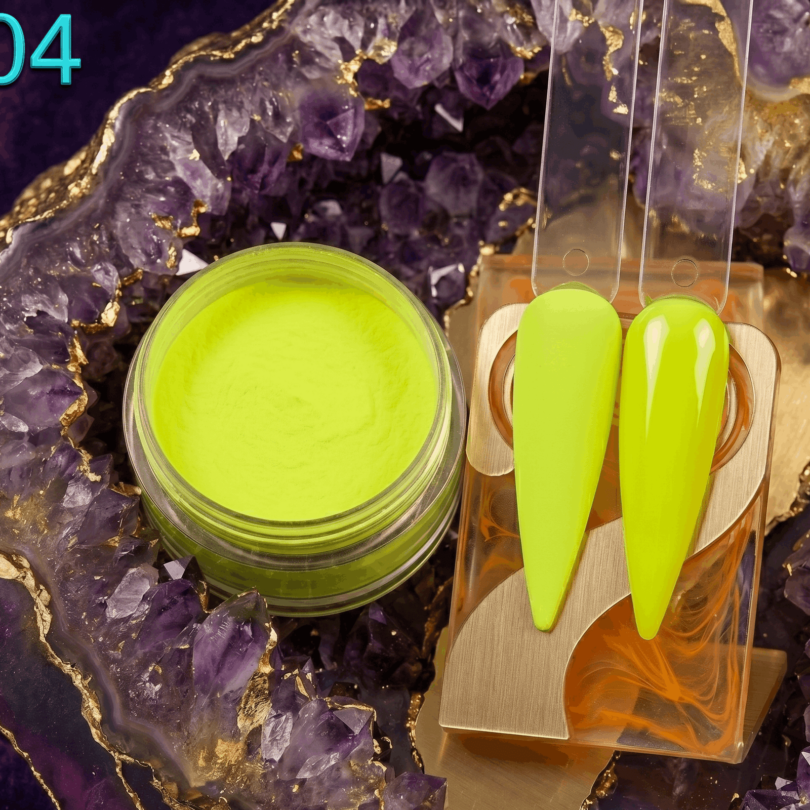 Jar of green powder and green nail tips on a decorative purple stone background