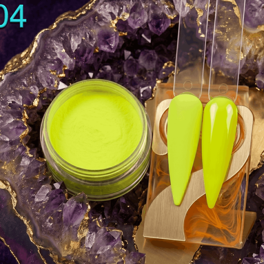 Jar of green powder and green nail tips on a decorative purple stone background