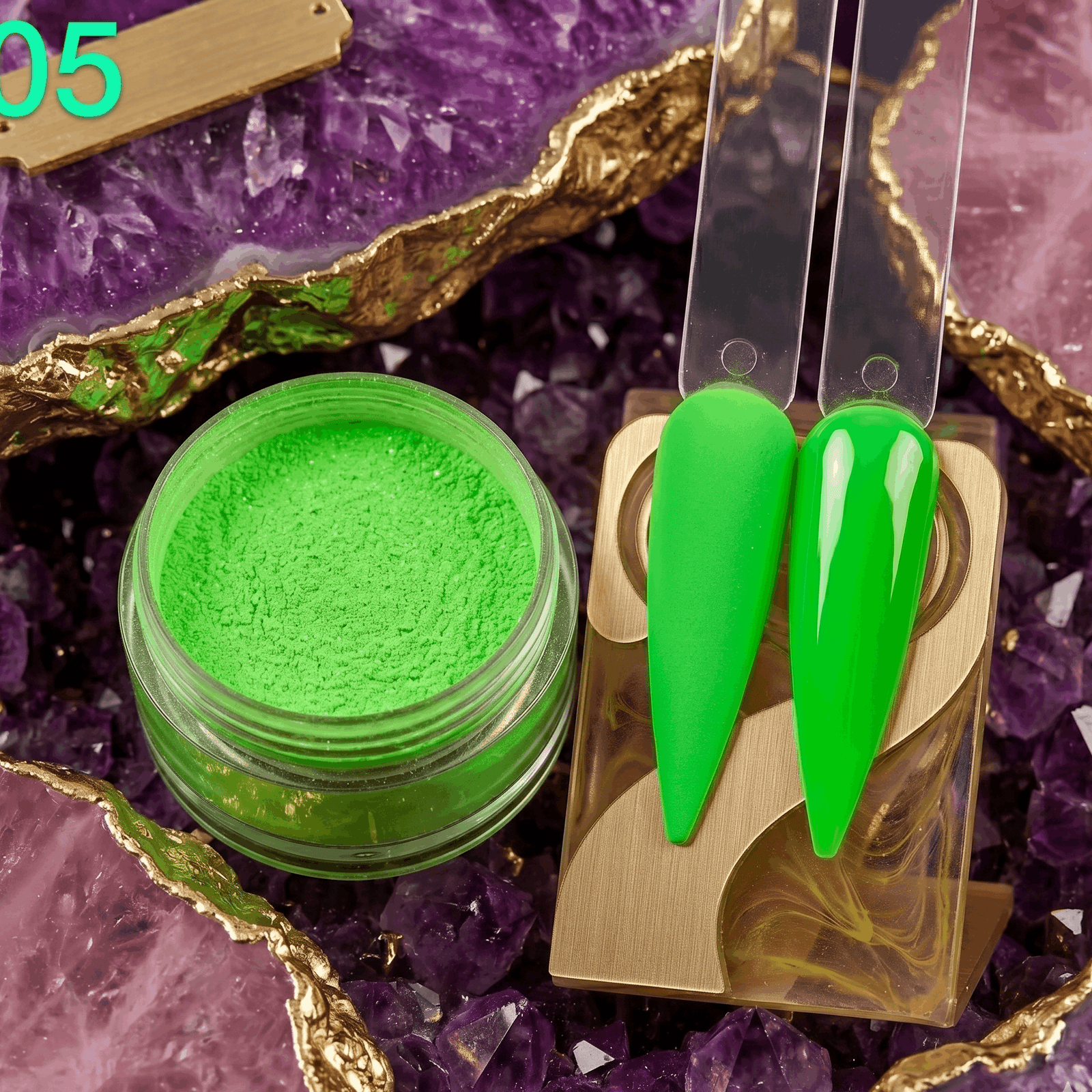 Green powder in a jar with green nail tips on a purple crystal background