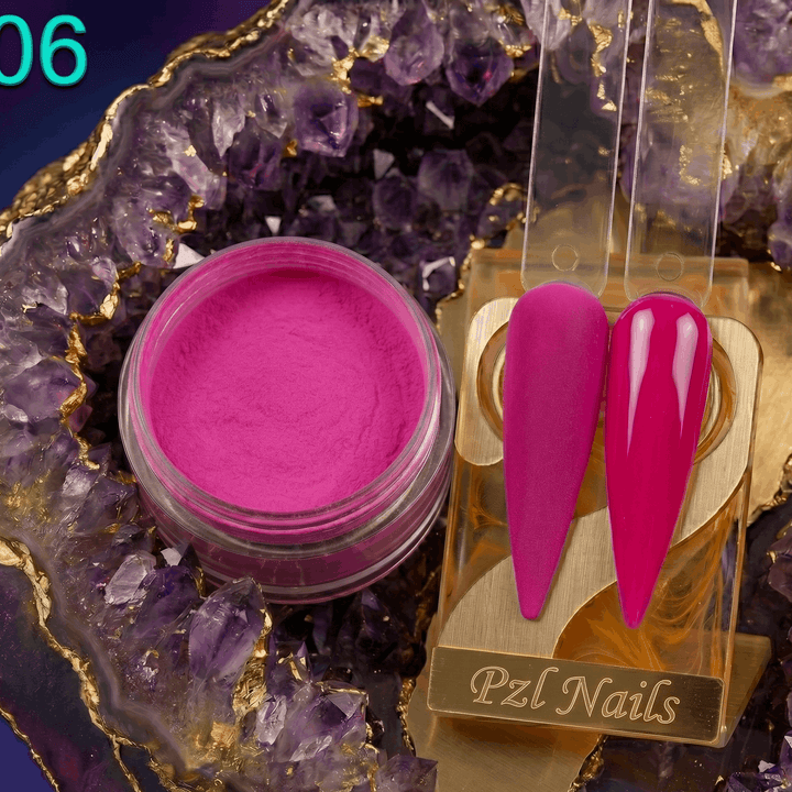 Pink nail polish jar and tools on a decorative purple and gold background