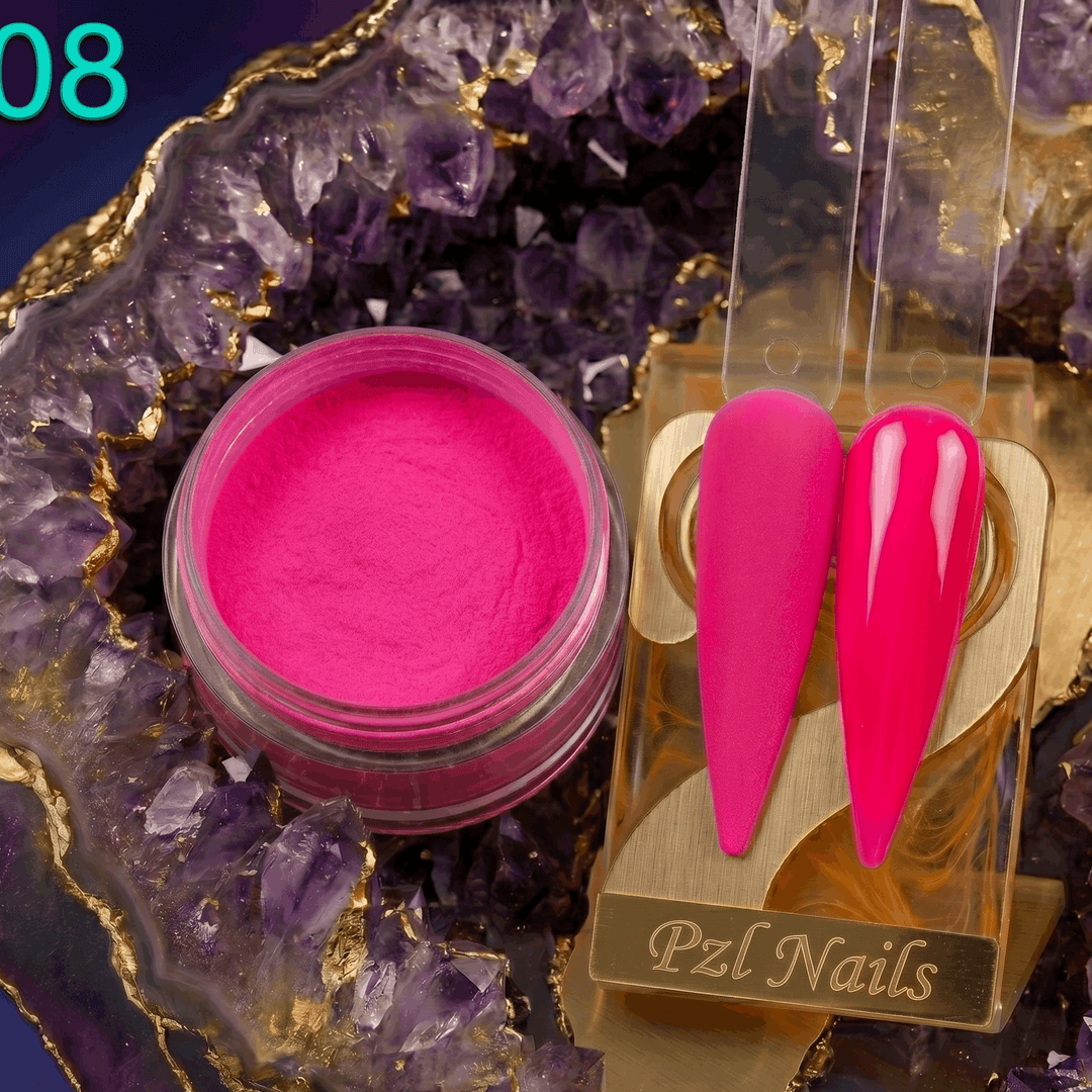 Pink nail powder and files on a decorative purple and gold background with &